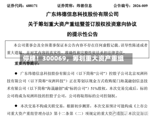 停牌！300069，筹划重大资产重组
