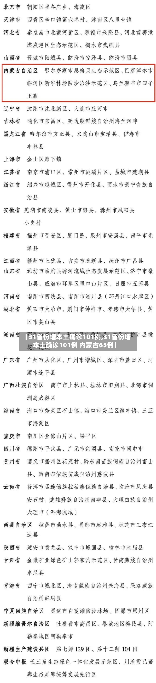 【31省份增本土确诊101例,31省份增本土确诊101例 内蒙古65例】